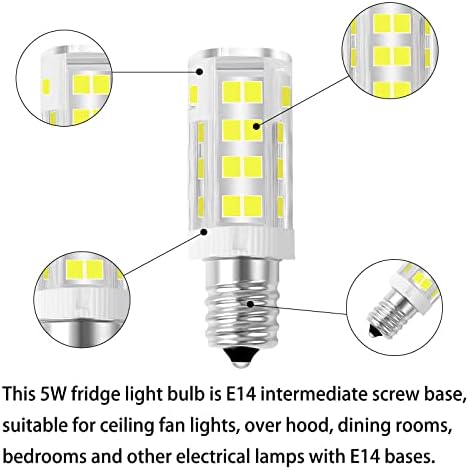 ELIUNG E14 5W LED Сијалица, Кул Бела 6000K, 40W Халоген Еквивалент LED Пченка Светлина ЗА Фрижидер, Опсег Хауба, Кристална светилка,