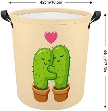 Симпатична цртана кактус двојка во убов со преклопна корпа за перење водоотпорна торба за складирање на корпи со рачка 16,5