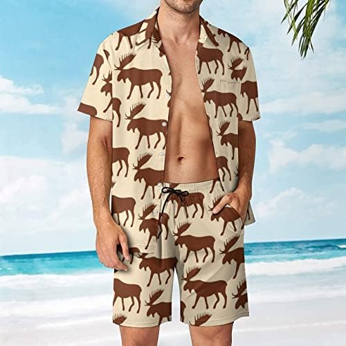 Модела на лос елен, мажи 2 парчиња Хавајски постави копче-долу кошули со кратки ракави, панталони за плажа лабаво вклопни манкети