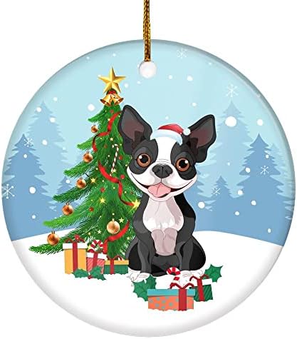 Teesnow Среќен новогодишно елка Бостон Териер Божиќ и кучиња подарок за loversубители на кучиња, украсен украс за украси, бел