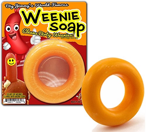 Gearsout Deluxe Edition Big Weenie Soap на Jimими - Смешен дизајн на Happy Hot Dog - Новина сапун за мажи - сапун од жолт круг,