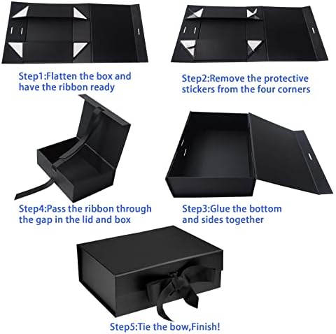 Црна луксузна магнетна кутија за подароци со капак, панделки и торба за подароци, средна големина-9,4x7x3 инчи, одлично за бизнис,