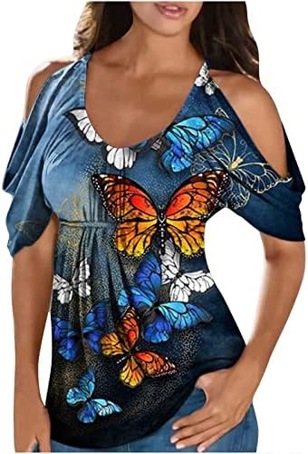 Дневни Блузи За Жени Без Прерамки Со Кратки Ракави Ладен Брод За Рамо Вратот Спандекс Блуза За Печатење Пеперутки Дами 2023