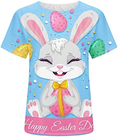 Cartенски симпатична зајаче јајца печатена маица 2023 летни врвови на летни врвови на екипажот кратки ракави за кратки ракави, графички тимови, сина сина