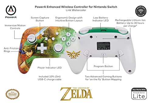 Powera Подобрена безжична контролор за Nintendo Switch - линк акварел, GamePad, контролор на игри, Bluetooth контролер, полнач
