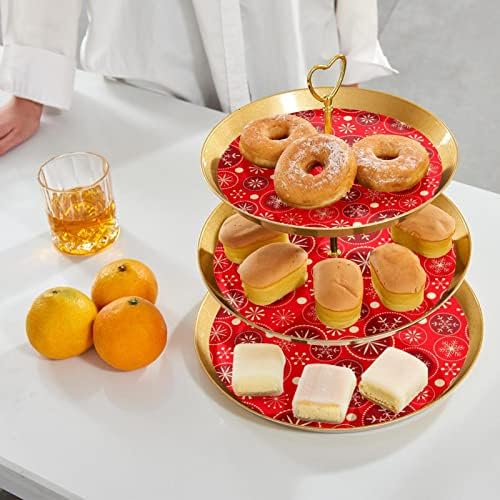 Dragonbtu 3 Tier Cupcake Stand со златна шипка пластична нивоа десерт кула фиока црвена Божиќна шема овошје бонбони приказ за