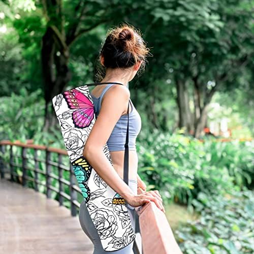 Пеперутки со рози јога мат торби со целосна зип торба за носење за жени мажи, вежбање јога мат носач со прилагодлива лента